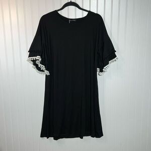 Milan Kiss Pom Pom Dress Womens Large Black And White Short Sleeve Boho Cottage